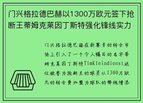门兴格拉德巴赫以1300万欧元签下抢断王蒂姆克莱因丁斯特强化锋线实力 门兴格拉德巴赫以1300万欧元签下抢断王蒂姆克莱因丁斯特强化锋线实力