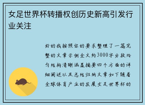 女足世界杯转播权创历史新高引发行业关注 女足世界杯转播权创历史新高引发行业关注